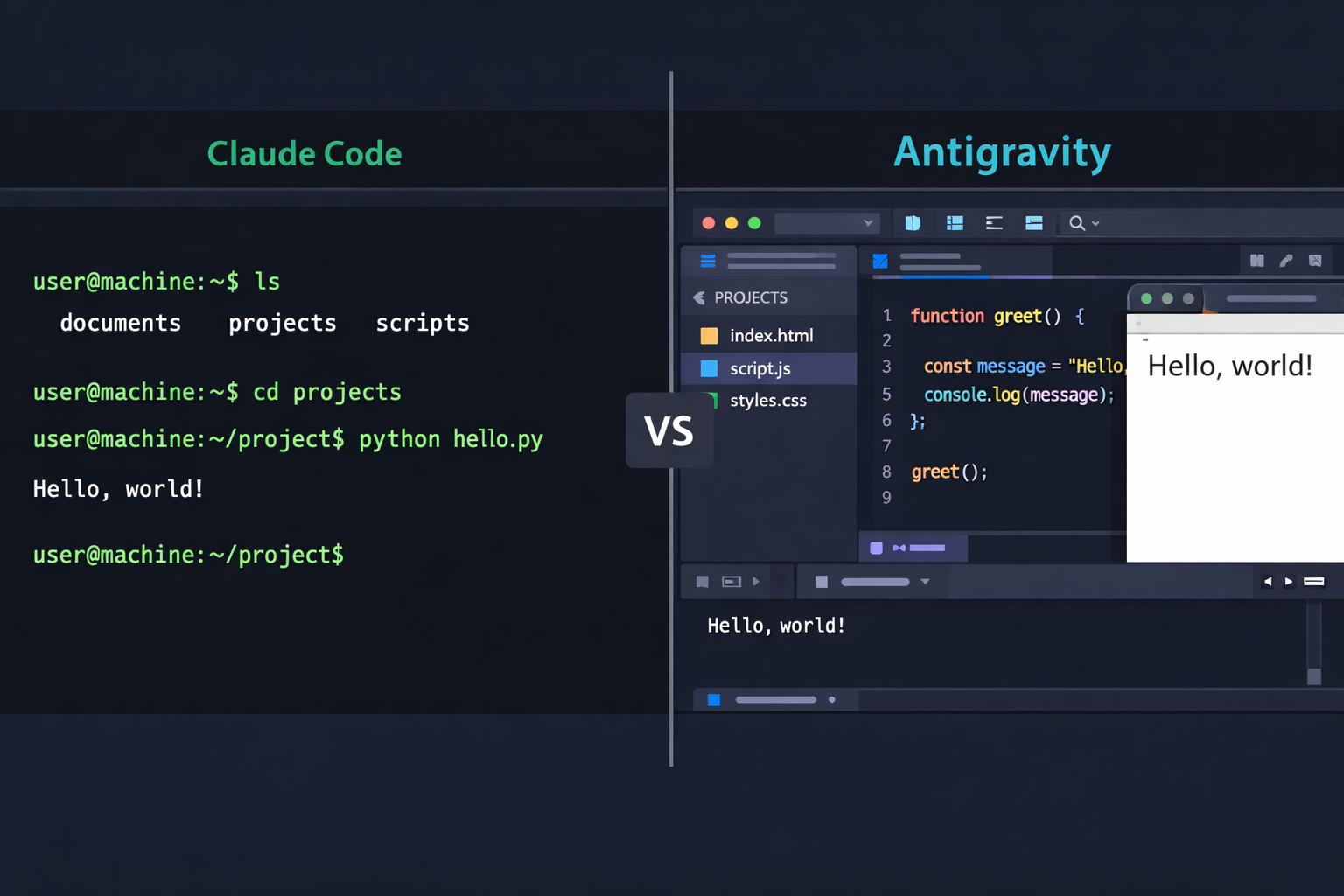 Comparativa visual: Claude Code (terminal CLI) vs Antigravity (IDE con browser control)